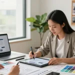 Webdesign-Freelancer skizziert Website-Layouts in einem modernen Homeoffice