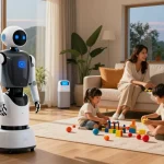 A family interacts in a modern living room with a home robot 2026 assisting in daily chores, showcasing smart home technology.