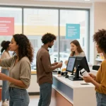 Medi Pharma Shop belebte Apothekenszene mit verschiedenen Kunden, die Gesundheitsprodukte in hellen Regalen erkunden.