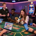 Paysafe Card Casino-Szene mit Spielern, die Paysafe für Einzahlungen in einer lebhaften Online-Casino-Atmosphäre nutzen