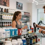 Produkte von Prime Pharma Steroiden in einem lebhaften Fitnessgeschäft, das eine Vielzahl von Nahrungsergänzungsmitteln für Gesundheitsbegeisterte präsentiert.