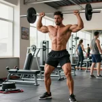 Kraftsportler, der mit Gewichten in einem modernen Fitnessstudio trainiert und Produkte des Anabolika Shop Deutschland präsentiert.