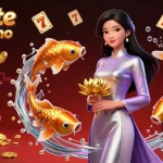 Paysafe Card Casino-Szene mit einer eleganten asiatischen Frau mit Koi-Fischen, Spielautomaten und Schätzen, die sicheres Spielen betont.