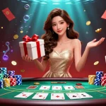 Ansprechende Szene eines Paysafe Card Casinos mit einer feiernden asiatischen Frau zwischen dynamischen Poker-Elementen, die festliche Farben zeigt.