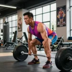 Bodybuilder hebt Gewichte in einem dynamischen Anabolika-Shop-Fitnessstudio.