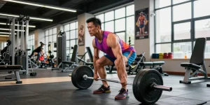 Bodybuilder hebt Gewichte in einem dynamischen Anabolika-Shop-Fitnessstudio.