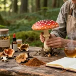 Erfahren Sie, wie man Fliegenpilz mit hochwertigen Amanita Muscaria Produkten in einer ruhigen Waldumgebung bestellt, die das Wissen eines Kräuterexperten zeigt.