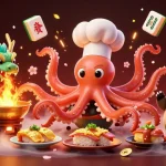 Engage in Tài xỉu with a vibrant 3D illustration of a sushi chef octopus, a dragon, and a tanuki.