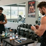 An athlete in the Anabolika Shop gym preparing for steroid injection before training, surrounded by fitness equipment and anabolic products.