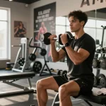 Anabolika Shop fitness scene of a bodybuilder training in the gym, showcasing strength and determination with weights and motivational atmosphere.