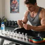Kraftsportler in einem Anabolika-Shop-Fitnessstudio bereitet injizierbare Steroide mit Vials vor.