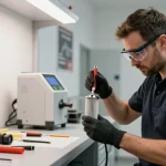DPF Reinigung Hannover Servicetechniker überprüft den Dieselpartikelfilter in einer modernen Kfz-Werkstatt.