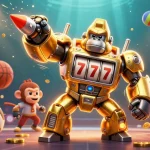 Experience the thrill of ee88 with a dynamic 3D illustration showcasing a golden gorilla mech and sports elements.