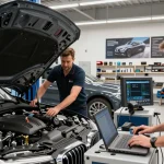 Techniker von BMW Service Hannover, die Fahrzeuge fachkundig in einer modernen Automobilwerkstatt warten.