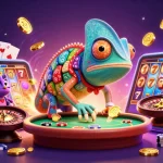 Experience adventure with m88 through a vibrant scene of a chameleon casino owner in a colorful gambling landscape.