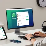 Using WhatsApp電腦版 on desktop in a modern office workspace