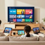 Familie genießt IPTV kaufen in ihrem modernen Wohnzimmer mit 4K UHD Streaming.