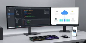 tk88 software development workspace showcasing cloud computing systems and AI technology on multiple monitors.