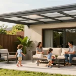 Freistehende Terrassenüberdachung in einem sonnigen Garten mit Familie und Pflanzen.