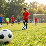 Fußball bestellen und im Team spielen - Kinder mit Mantom-Bällen auf dem Sportplatz.