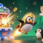 Experience the excitement of luck8 with a golden penguin and casino treasures in this vibrant 3D scene.