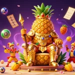 S666 casino scene featuring a golden pineapple king surrounded by colorful lottery elements and dynamic gaming visuals.