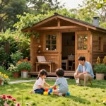 Gemütliches Gartenhaus Holz umgeben von Blumen und spielenden Kindern im Garten.