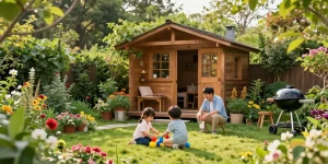 Gemütliches Gartenhaus Holz umgeben von Blumen und spielenden Kindern im Garten.