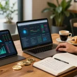 Edimakor Video Editor, Kryptowährung Charts und Blockchain-Analyse am Holztisch in einem modernen Café