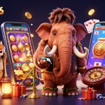 Engage with dabet2026 at an ultra-detailed casino featuring a woolly mammoth bouncer, VIP guests, and vibrant slot games.