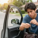 Person sucht verzweifelt nach verlorenen Autoschlüsseln, umgeben von einem parkenden Auto und einer ruhigen Nachbarschaft.