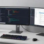 nhà cái THABET in a modern tech workspace with software development tools, showcasing advanced cloud computing and cybersecurity solutions.