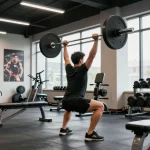 Global Pharma Steroids in Aktion während eines dynamischen Fitness-Workouts im modernen Gym mit Gewichten und motivierenden Elementen.