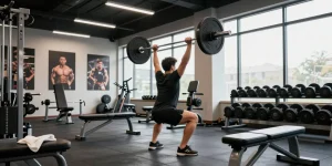 Global Pharma Steroids in Aktion während eines dynamischen Fitness-Workouts im modernen Gym mit Gewichten und motivierenden Elementen.