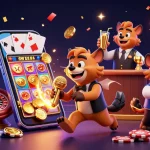 Experience the thrill of tg88 in a lively casino scene with hyenas entertaining, drinks flowing, and games everywhere.