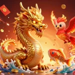 Engage with luck8media as the fierce dragon, phoenix, and koi fish celebrate winning in a vibrant casino.