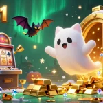 Win big with ee881 in this vibrant haunted casino scene featuring glowing treasures and festive elements.