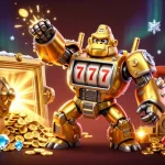 Experience excitement with keo bong da88 in this vibrant 3D illustration of a golden gorilla mech.