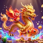 Experience the excitement of vn888 with a vibrant 3D illustration of a dragon, phoenix, and koi fish amid colorful gaming elements.