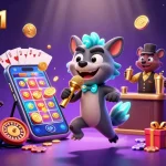 Experience the vibrant comedy casino scene of 789win1 with hyenas, slot games, and glowing effects.