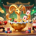 Experience vibrant casino action with 98win as a golden ramen bowl character deals cards amidst dynamic gambling elements.
