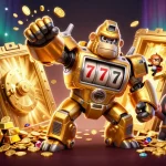 Experience vibrant gameplay with j188 as a golden gorilla mech powers up slot reels amid a treasure explosion.