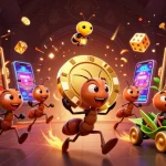 Experience the thrill of 23win with a heist scene featuring animated ants carrying a giant poker chip.