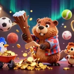 ee88 showcases an exciting scene with a beaver chopping a tree raining golden coins amidst sports elements.